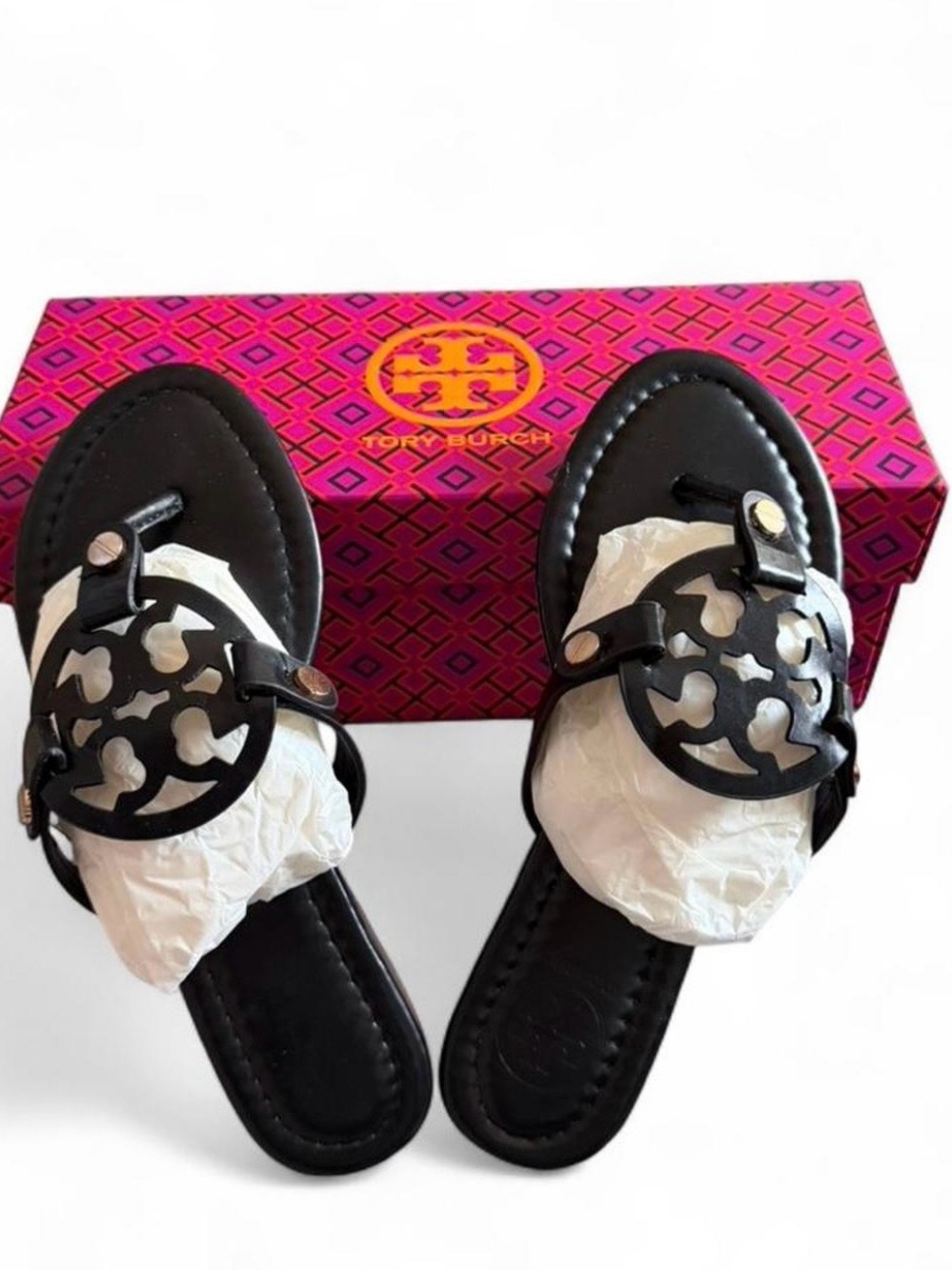 Tory Burch Black Leather Logo Thong Sandals